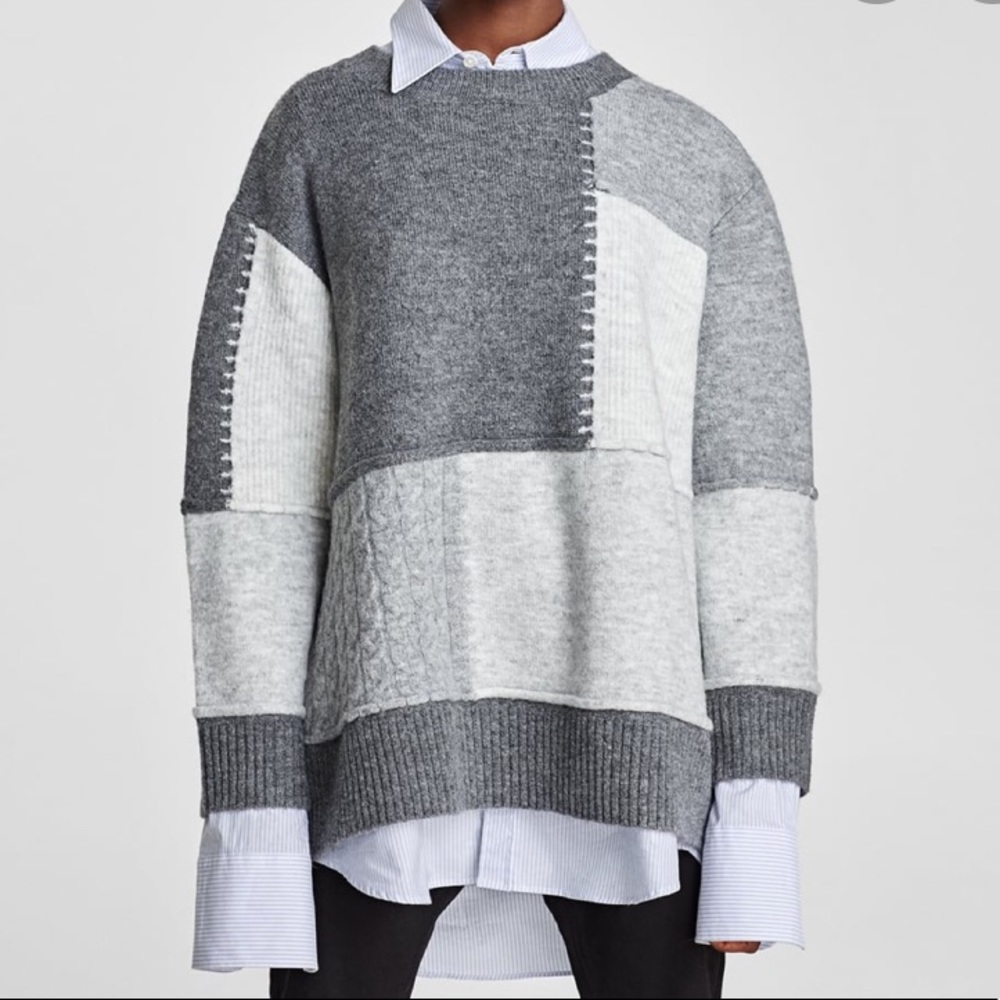 Zara Gray Patchwork Color Block Oversized Sweater - image 1